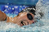 Katie Ledecky participates in the women's 1500 freestyle during wave 2 of the U.S. Olympic Swim Trials on Wednesday, June 16, 2021, in Omaha, Neb. (AP Photo/Charlie Neibergall)