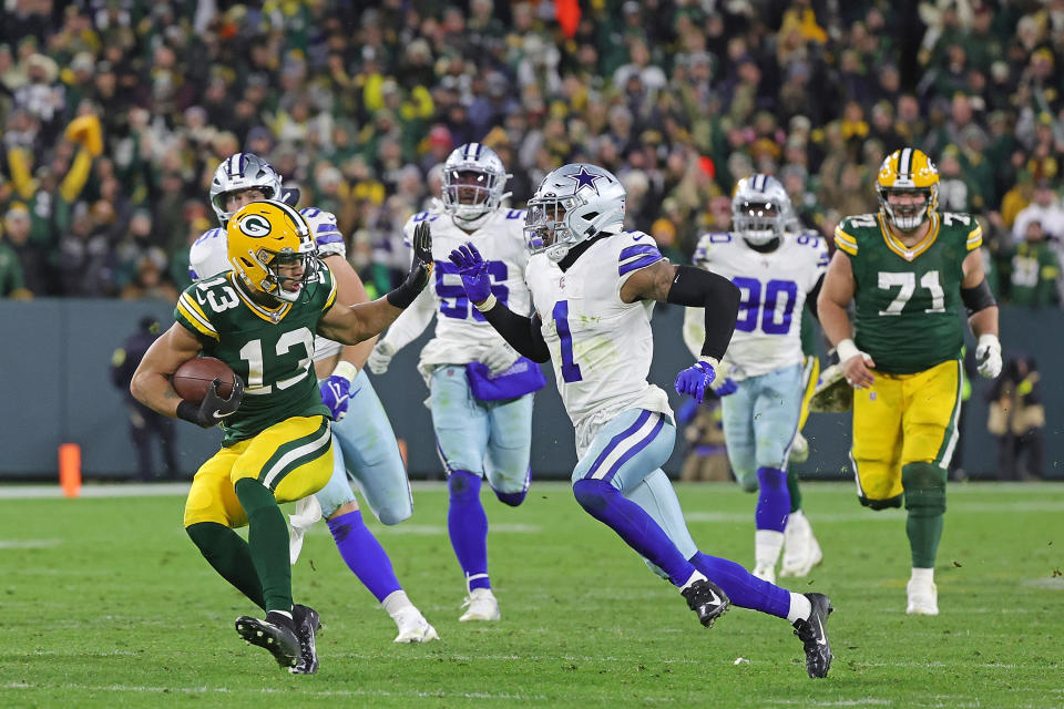 Allen Lazard #13 and Kelvin Joseph #1 at the Dallas vs Packers game on November 13, 2022.