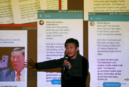 Rappler CEO and Executive Editor Maria Ressa speaks in an event attended by law students at the University of the Philippines College of Law in Quezon City, Metro Manila, Philippines, March 12, 2019. REUTERS/Eloisa Lopez