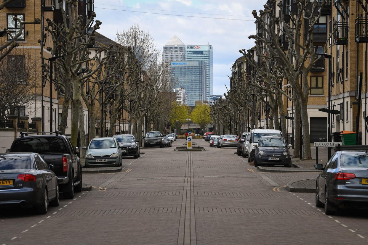 Empty streets within sight of Canary Wharf, in east London, as the UK continues in lockdown to help curb the spread of the coronavirus.