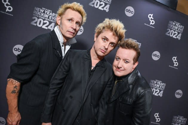 In this image released on December 31, 2023, Mike Dirnt, Billy Joe Armstrong and Tré Cool of Green Day arrive at Dick Clark's New Year's Rockin' Eve with Ryan Seacrest 2024 in Hollywood, California.  - Credit: Gilbert Flores/Penske Media/Getty Images