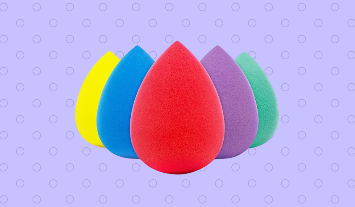 A photo of five different makeup sponges.