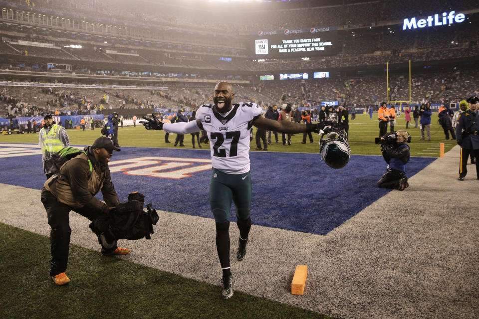 Philadelphia Eagles strong safety Malcolm Jenkins (27) celebrates beating the New York Giants after NFL football game, Sunday, Dec. 29, 2019, in East Rutherford, N.J. (AP Photo/Seth Wenig)