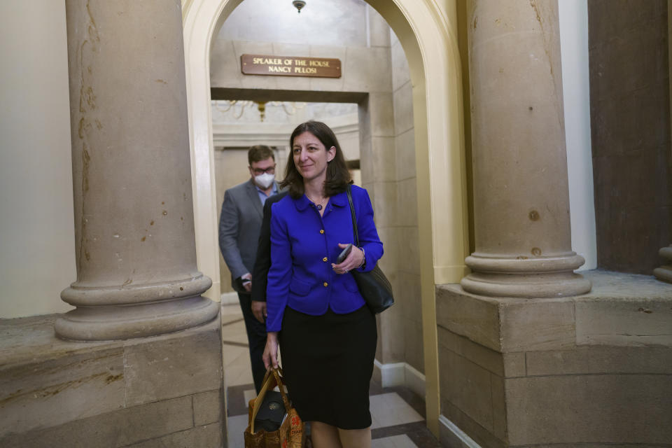 FILE - In this July 22, 2021, file photo Rep. Elaine Luria, D-Va., and other members of the House select committee on the Jan. 6 attack on the Capitol leave the office of House Speaker Nancy Pelosi as they prepare for the start of hearings next week, at the Capitol in Washington. (AP Photo/J. Scott Applewhite)