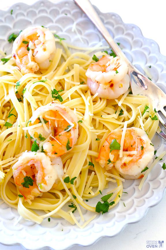 <p><em>And</em> it's ready in 15 minutes. Score!</p><p>Get the recipe from <a rel="nofollow noopener" href="http://www.gimmesomeoven.com/15-minute-skinny-shrimp-scampi-recipe/" target="_blank" data-ylk="slk:Gimme Some Oven;elm:context_link;itc:0;sec:content-canvas" class="link ">Gimme Some Oven</a>.</p>