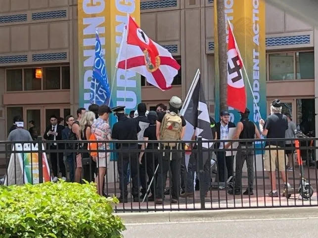 A swastika flag is seen outside of the Turning Point USA conference
