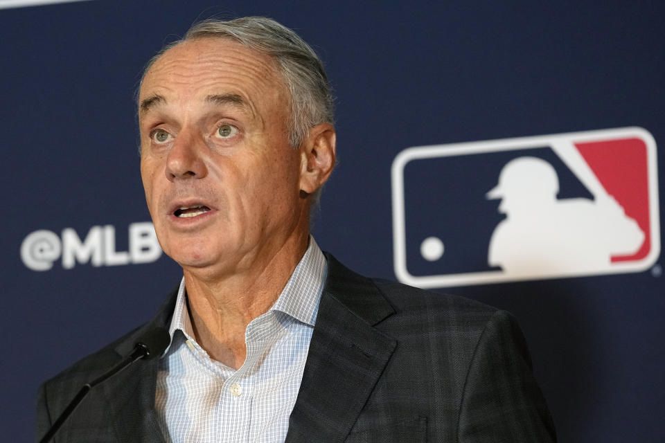 Major League Baseball commissioner Rob Manfred speaks during a news conference after an owners meeting in Arlington, Texas, Thursday, Nov. 16, 2023. The Oakland Athletics’ move to Las Vegas was unanimously approved Thursday by Major League Baseball team owners, cementing the sport’s first relocation since 2005. (AP Photo/LM Otero)