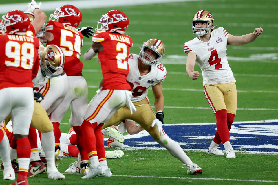San Francisco 49ers kicker Jake Moody set the Super Bowl field-goal record by a single yard on Sunday. Then Harrison Butker surpassed him. (Steph Chambers/Getty Images)
