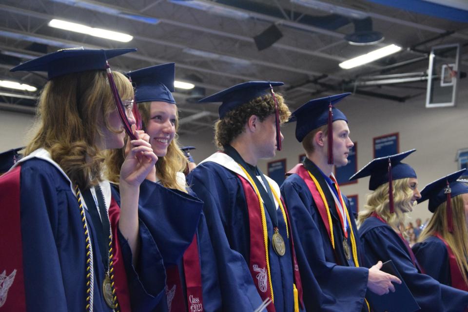 Boyne City seniors prepare to move their tassel at the end of their graduation ceremony on June 4, 2023.