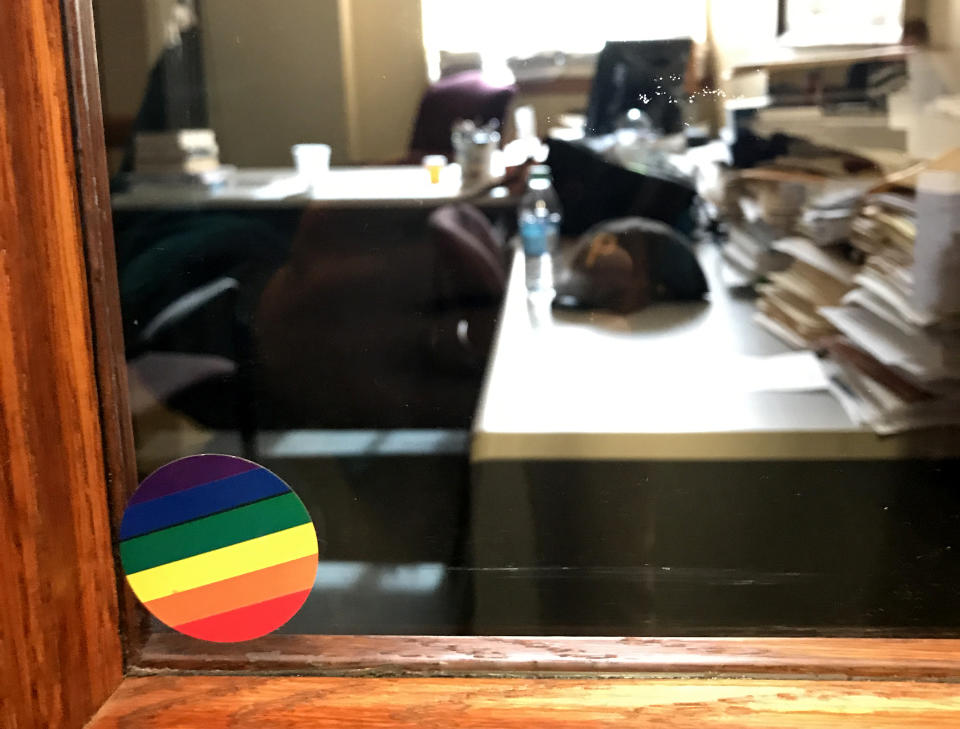 A rainbow sticker in support of LGBT students on Warren Throckmorton’s office window at Grove City College. (Photo: Jon Ward/Yahoo)