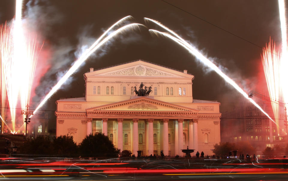 FILE - In this Friday, Oct. 28, 2011 file photo, fireworks are seen during the re-opening of the Bolshoi Theater in Moscow, Russia. The Moscow police said Friday, Jan. 18, 2013, that artistic director at the legendary Bolshoi Theater Sergei Filin was attacked Thursday night by a man who splashed acid onto his face as the 43-year-old former dancer came out of his car outside his home in central Moscow. (AP Photo/File)
