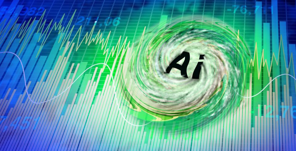 An image of an AI vortex over an image of the stock market.