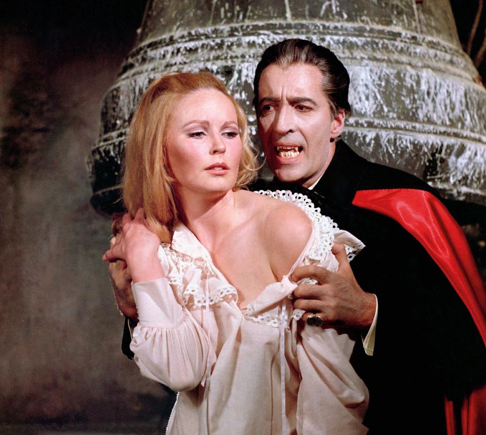 Veronica Carlson with Christopher Lee in Dracula Has Risen from the Grave (1968)