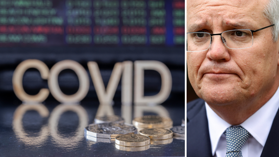 The ASX board in the background with the word COVID and Australian currency in the foreground. Prime Minister Scott Morrison looking concerned.