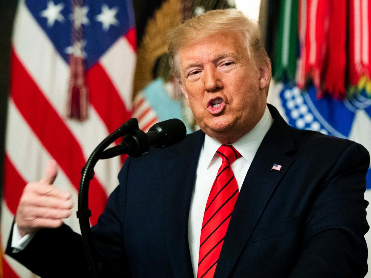 President Donald Trump speaks Sunday, Oct. 27, 2019 in the Diplomatic Room of the White House: AP