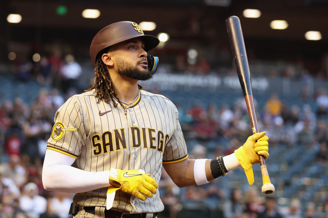 PHOENIX, ARIZONA - APRIL 20: Fernando Tatis Jr. #23 of the San Diego Padres warms up before the MLB game against the Arizona Diamondbacks at Chase Field on April 20, 2023 in Phoenix, Arizona. (Photo by Christian Petersen/Getty Images)