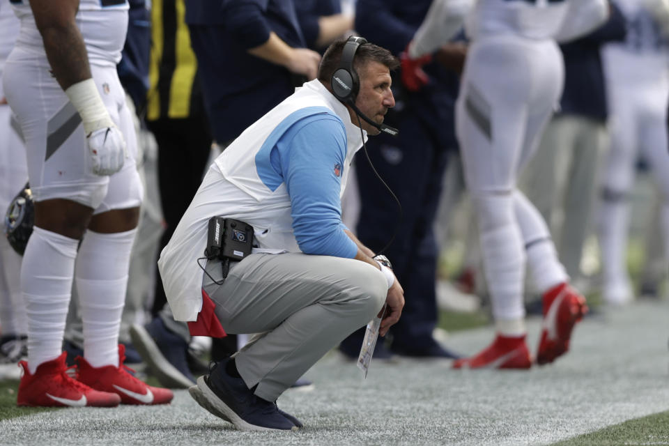 Tennessee Titans head coach Mike Vrabel watches from the sideline during the second half of an NFL football game against the Seattle Seahawks, Sunday, Sept. 19, 2021, in Seattle. (AP Photo/John Froschauer)