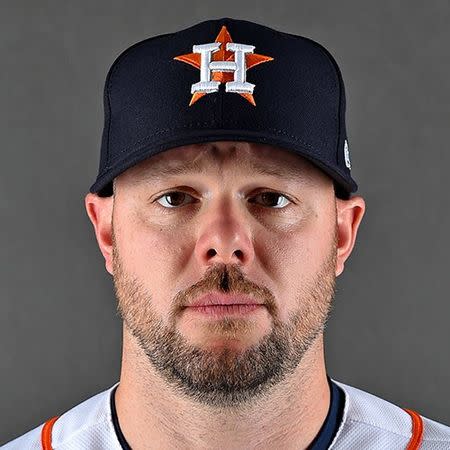 FILE PHOTO: Feb 19, 2019; West Palm Beach, FL, USA; Houston Astros relief pitcher Ryan Pressly (55) poses for a photo at The Ballpark of the Palm Beaches. Mandatory Credit: Steve Mitchell-USA TODAY Sports