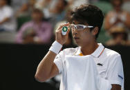 Tennis - Australian Open - Rod Laver Arena, Melbourne, Australia, January 20, 2018. Chung Hyeon of South Korea reacts during his match against Alexander Zverev of Germany. REUTERS/Thomas Peter