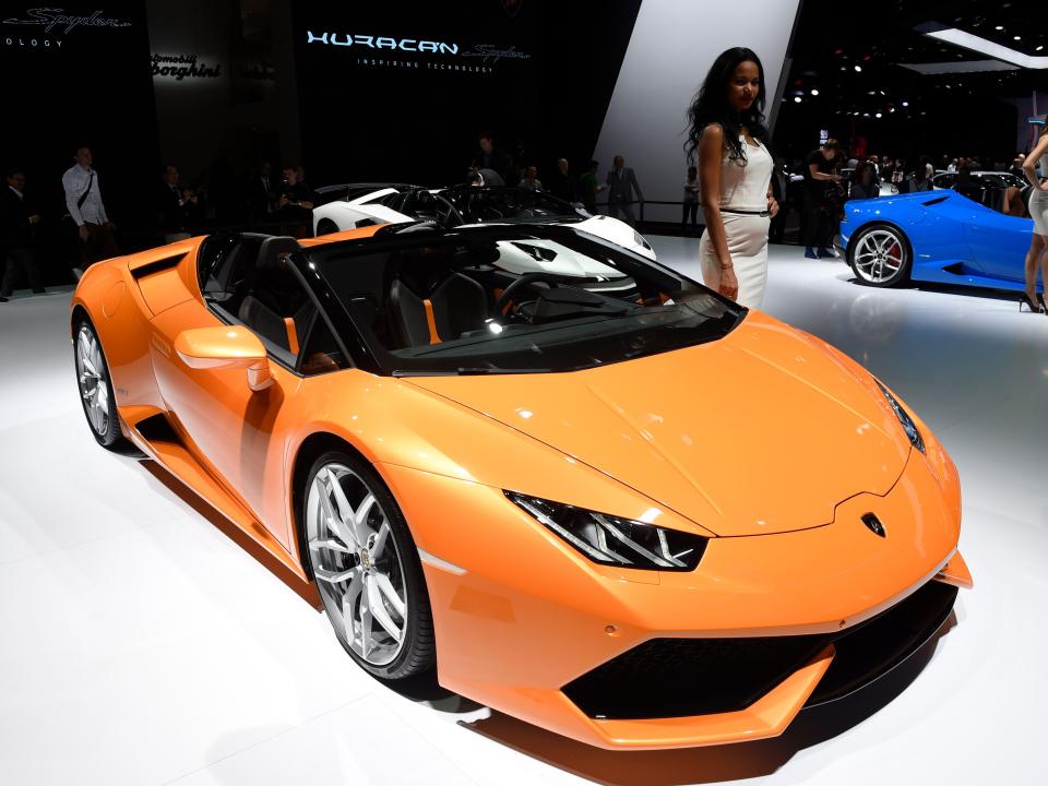 A Lamborghini Huracan LP 610-4 Spyder is presented on the first press day of the Frankfurt Auto Show IAA in Frankfurt, Germany, Tuesday, Sept. 15, 2015.