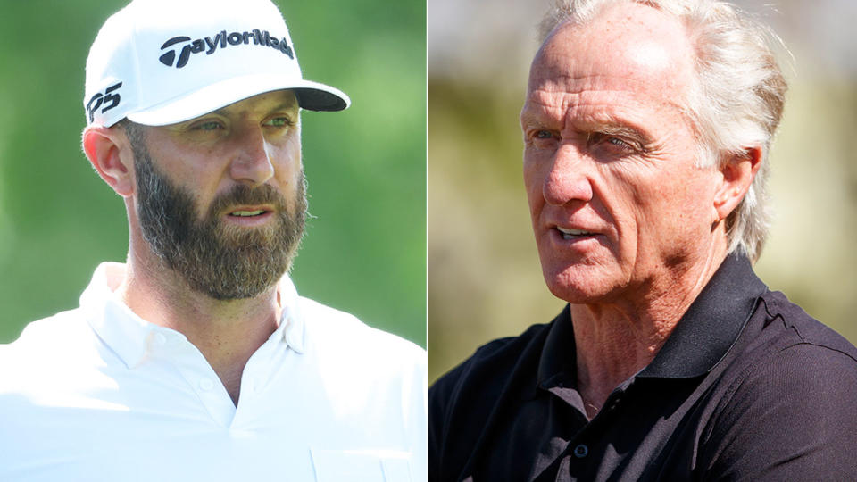 Pictured left to right, American golfer Dustin Johnson and Aussie legend Greg Norman.