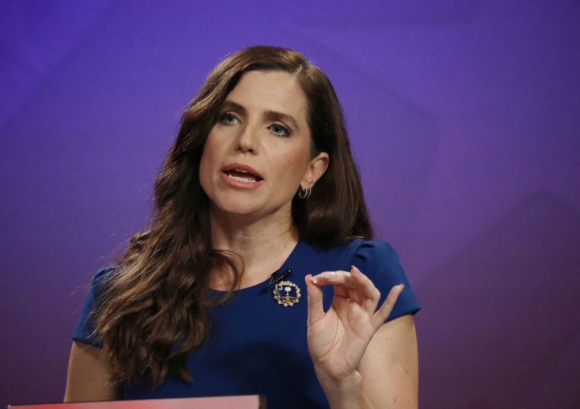 Republican challenger and state Rep. Nancy Mace debates Democratic U.S. Rep. Joe Cunningham, Monday, Sept. 28, 2020, at the SCETV studios in Beaufort, S.C., in South Carolina’s 1st Congressional District seat race.