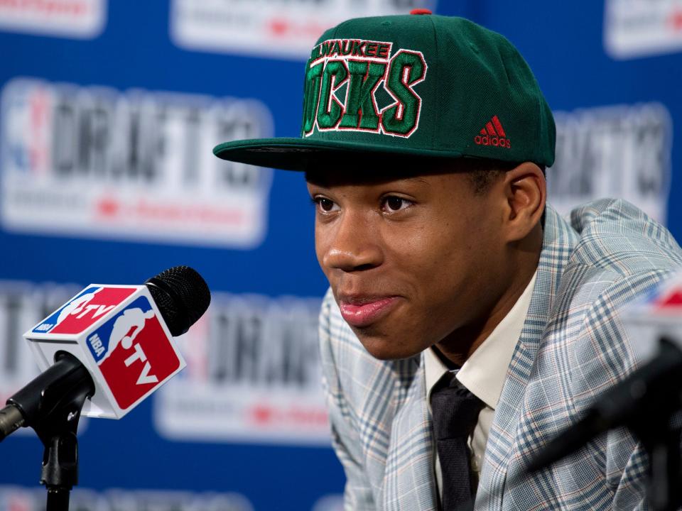 Giannis Antetokounmpo speaks after he was selected with the 15th overall pick of the 2013 NBA Draft.