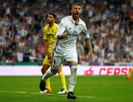 Football Soccer - Real Madrid v Villarreal - Spanish Liga Santander - Santiago Bernabeu, Madrid, Spain - 21/09/16. Real Madrid's Sergio Ramos celebrates a goal. REUTERS/Sergio Perez