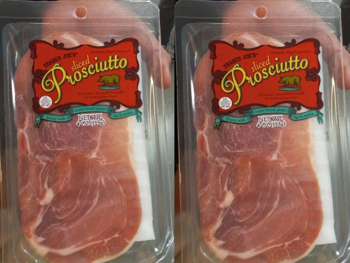 side by side photos of hand holding package of prosciutto at trader joes
