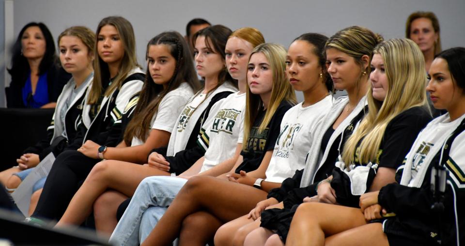 The Viera High Hawks cheerleaders attended the August 22 Brevard County School Board meeting in Viera.
