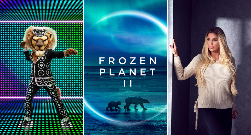 The Masked Dancer, Frozen Planet II and Katie Price feature in the week's TV highlights. (ITV/BBC/Channel 4)