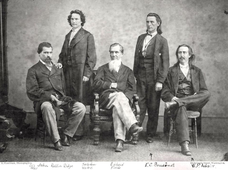 This photograph shows the 1866 Cherokee Delegation to Washington, DC. Pictured from left to right are: John Rollin Ridge, Saladin Watie, Richard Field, Elias C. Boudinot Sr., and W.P. Adair.