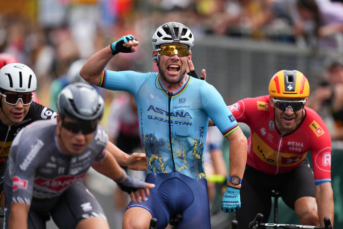 Mark Cavendish celebrates his victory on stage five of the Tour de France  (AP)