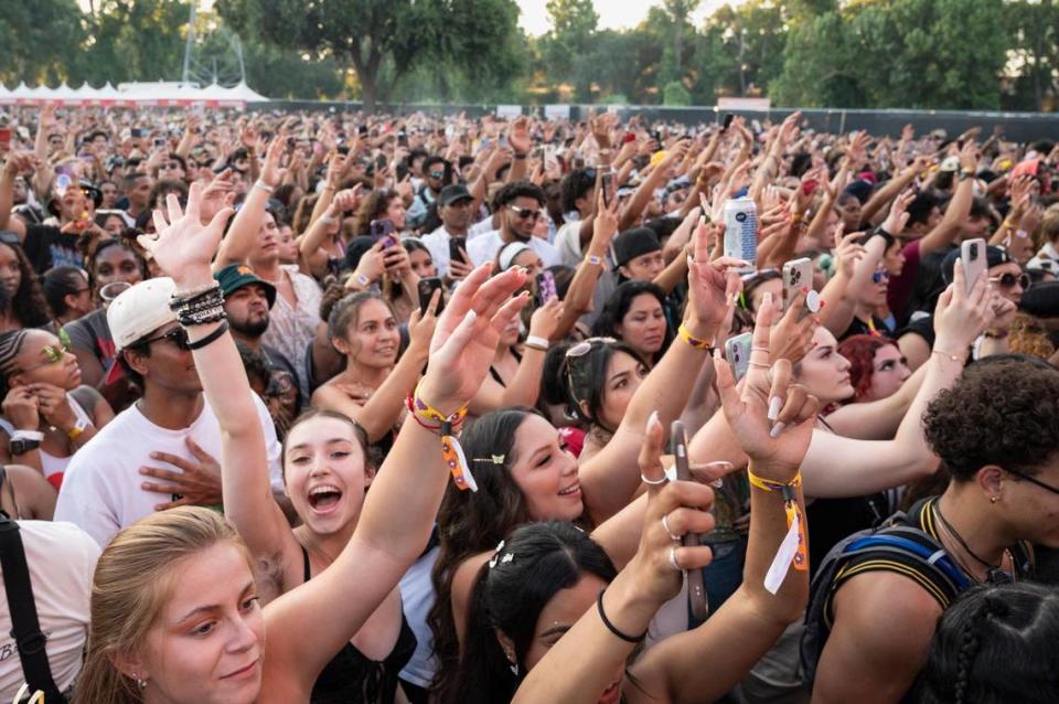 The crowd cheers as rapper Joey Badass performs on the first day of the Sol Blume R&B festival on Saturday.