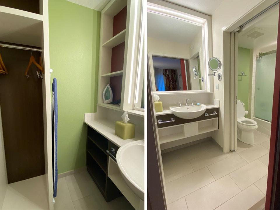 A look inside the bathrooms at Disney World's All-Star Movie Resort hotel rooms.