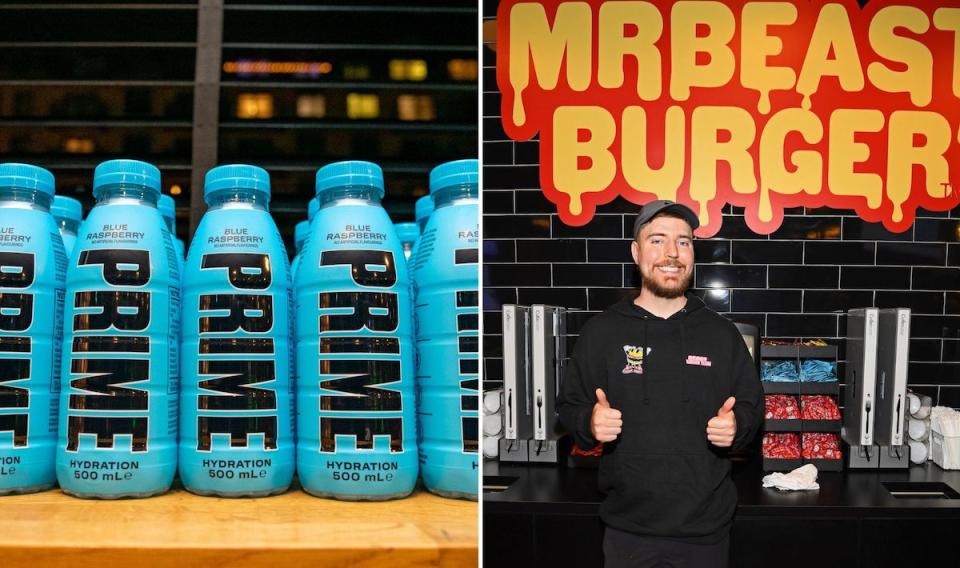 Compilation image of influencer brands: a row of blue Prime Hydration drinks and Mr Beast Burger logo with Mr Beast standing in front with thumbs up.