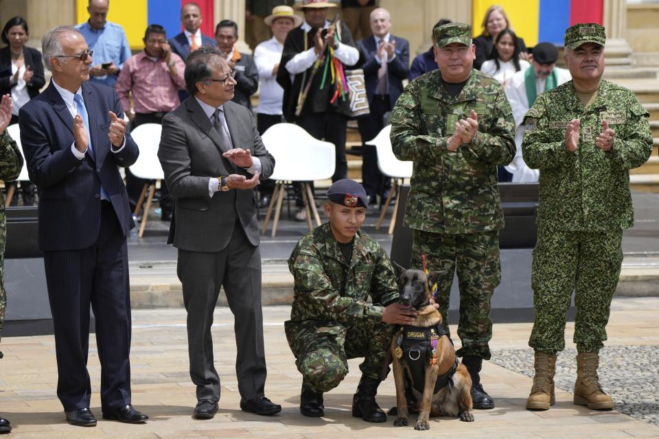 El presidente colombiano Gustavo Petro, segundo desde la izquierda, aplaude después de condecorar a la pastora belga Drugia, madre del perro de búsqueda Wilson que desapareció durante la búsqueda de cuatro niños indígenas que sobrevivieron a un accidente aéreo en la Amazonía, durante una ceremonia en la Casa de Nariño en Bogotá, Colombia, el lunes 26 de junio de 2023. (AP Foto/Fernando Vergara)