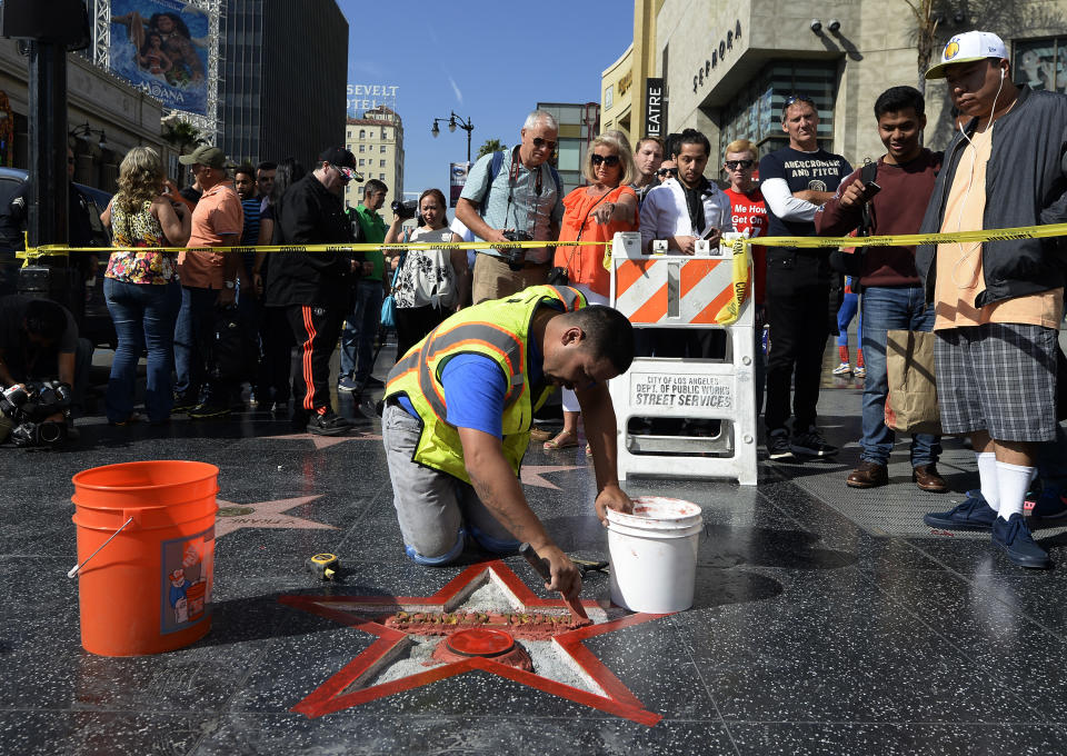 Donald Trump’s star on the Hollywood Walk of Fame is repaired after it was vandalized in October 2016. (Photo: Kevork Djansezian/Getty Images)