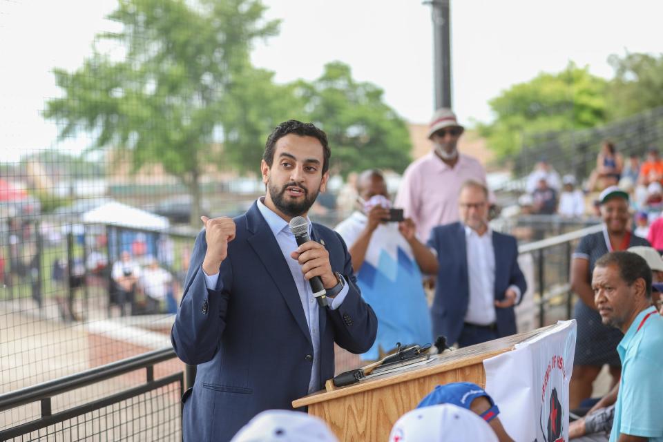 Michigan State Representative Abraham Aiyash, speaks at the pregame rededication ceremony hosted by Friends of Historic Hamtramck Stadium at the Hamtramck Stadium in Hamtramck on June 20, 2022.