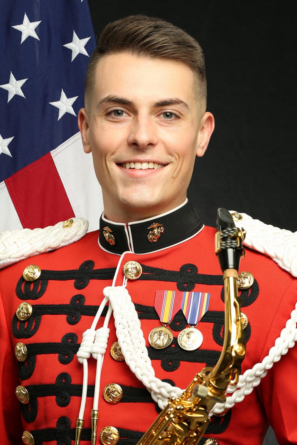 Staff Sgt. Connor Mikula, a Michigan State University graduate, plays saxophone in the US Marine Band.