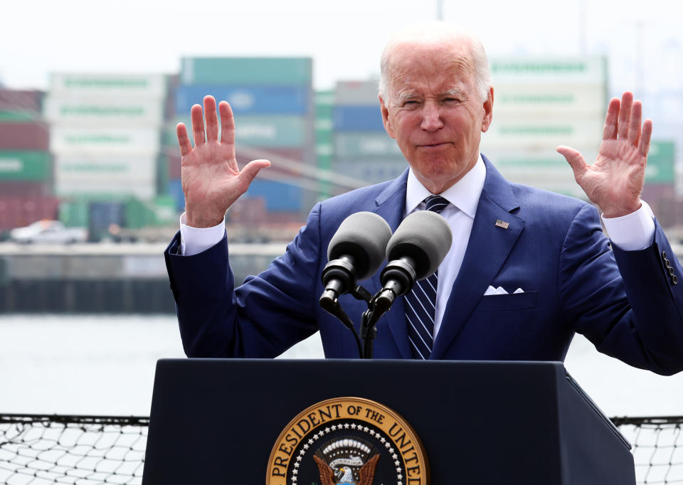 U.S. President Joe Biden delivers remarks aboard the Battleship USS Iowa Museum at the Port of Los Angeles on June 10, 2022 in Los Angeles, California. (Photo by Mario Tama/Getty Images)