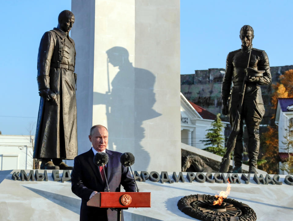 Russian President Vladimir Putin delivers his speech at the memorial complex dedicated to the end of the Russian Civil War during marking Unity Day in Sevastopol, Crimea, Thursday, Nov. 4, 2021. (AP Photo/Mikhail Metzel)