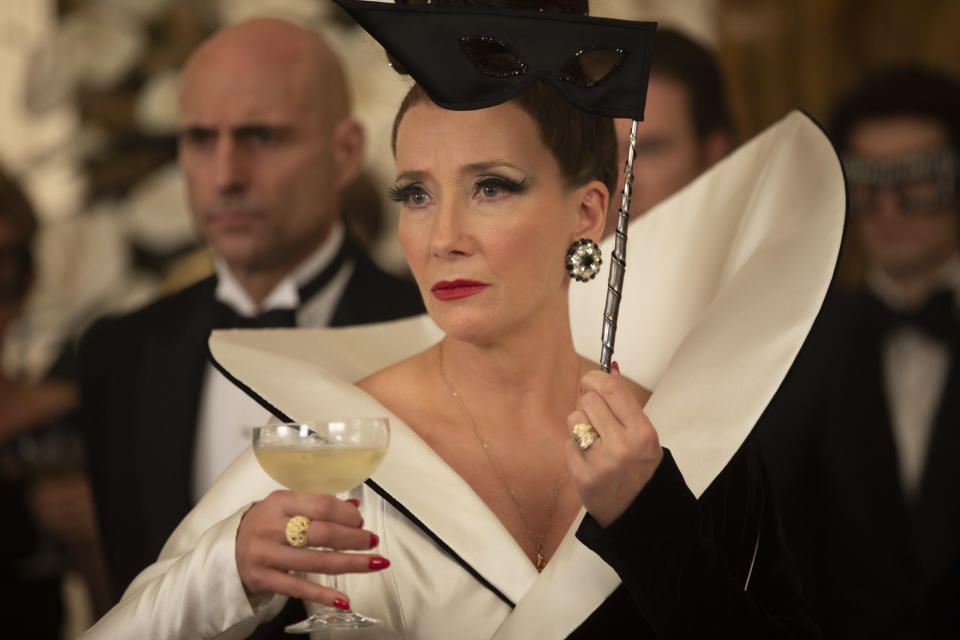 (L-R): Mark Strong as John the Valet and Emma Thompson as the Baroness in Disneyâ€™s live-action CRUELLA. (Photo by Laurie Sparham/Disney)