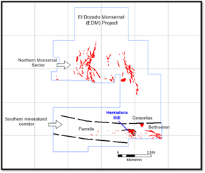 Map showing the location of the main targets of the EDM project