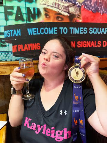 <p>Jane Dance</p> Kayleigh Williamson celebrates completing the New York City Marathon on Nov. 5, 2023.