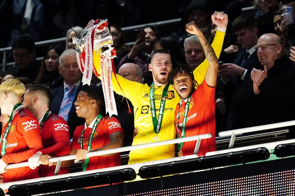 David De Gea celebrates Manchester United’s win (David Davies/PA) (PA Wire)