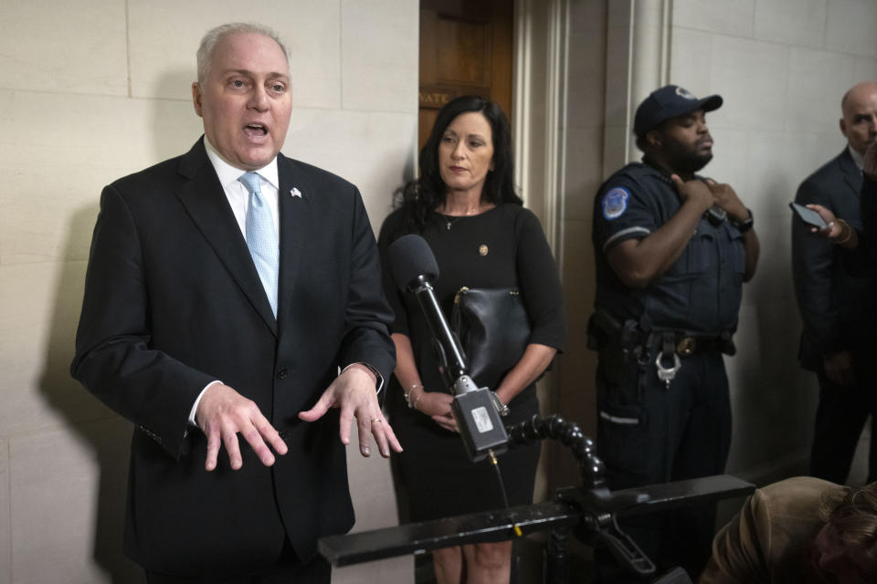 Majority Leader Steve Scalise, R-La., speaks to reporters after a closed-door meeting of House Republicans during which he was nominated as their candidate for Speaker of the House, on Capitol Hill, Wednesday, Oct. 11, 2023 in Washington. (AP Photo/Mark Schiefelbein)