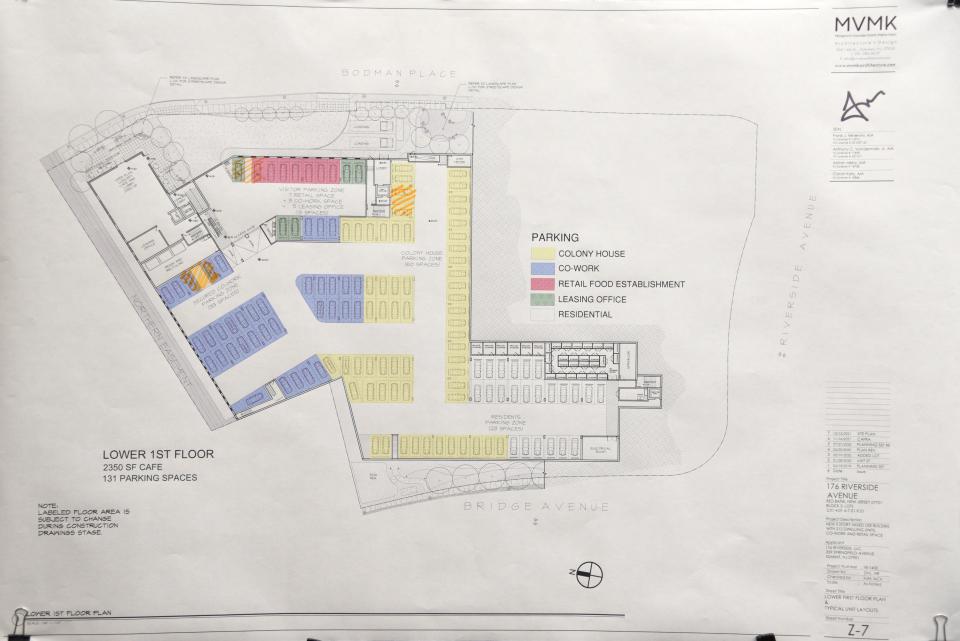 New parking plans for the 176 Riverside Ave. project presented to the Red Bank Planning Board on Monday, April 4, 2022 at the Borough Hall in Red Bank, New Jersey. 