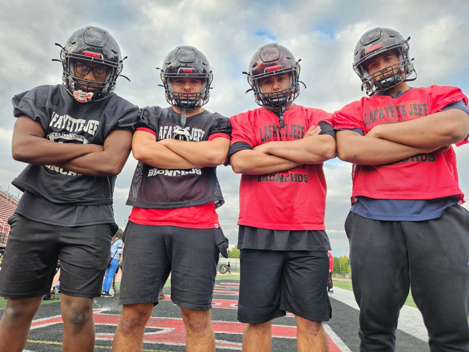 Lafayette Jeff senior defensive end Terrell Travis, junior linebacker Ben Riva and senior offensive linemen Joel Godina and Joneil Perez are expecting to set the tone for the Bronchos on Friday night against Kokomo.