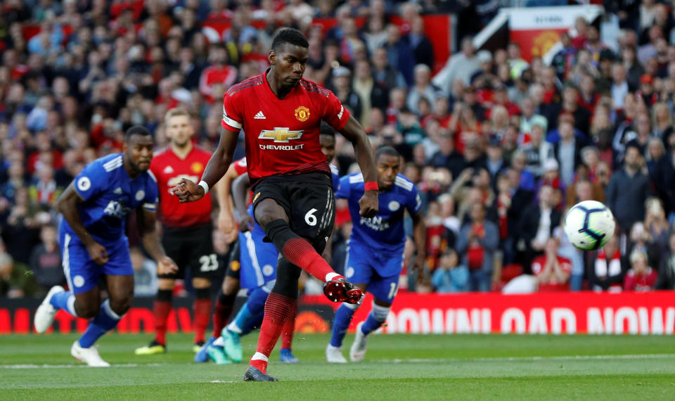 <p>Soccer Football – Premier League – Manchester United v Leicester City – Old Trafford, Manchester, Britain – August 10, 2018 Manchester United’s Paul Pogba scores their first goal from the penalty spot REUTERS/Darren Staples EDITORIAL USE ONLY. No use with unauthorized audio, video, data, fixture lists, club/league logos or “live” services. Online in-match use limited to 75 images, no video emulation. No use in betting, games or single club/league/player publications. Please contact your account representative for further details. </p>